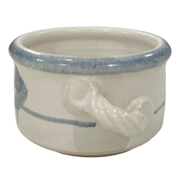 Shallow White and Blue Hand Glazed Handled Stoneware Mug or Broth Bowl - Picture 3 of 6